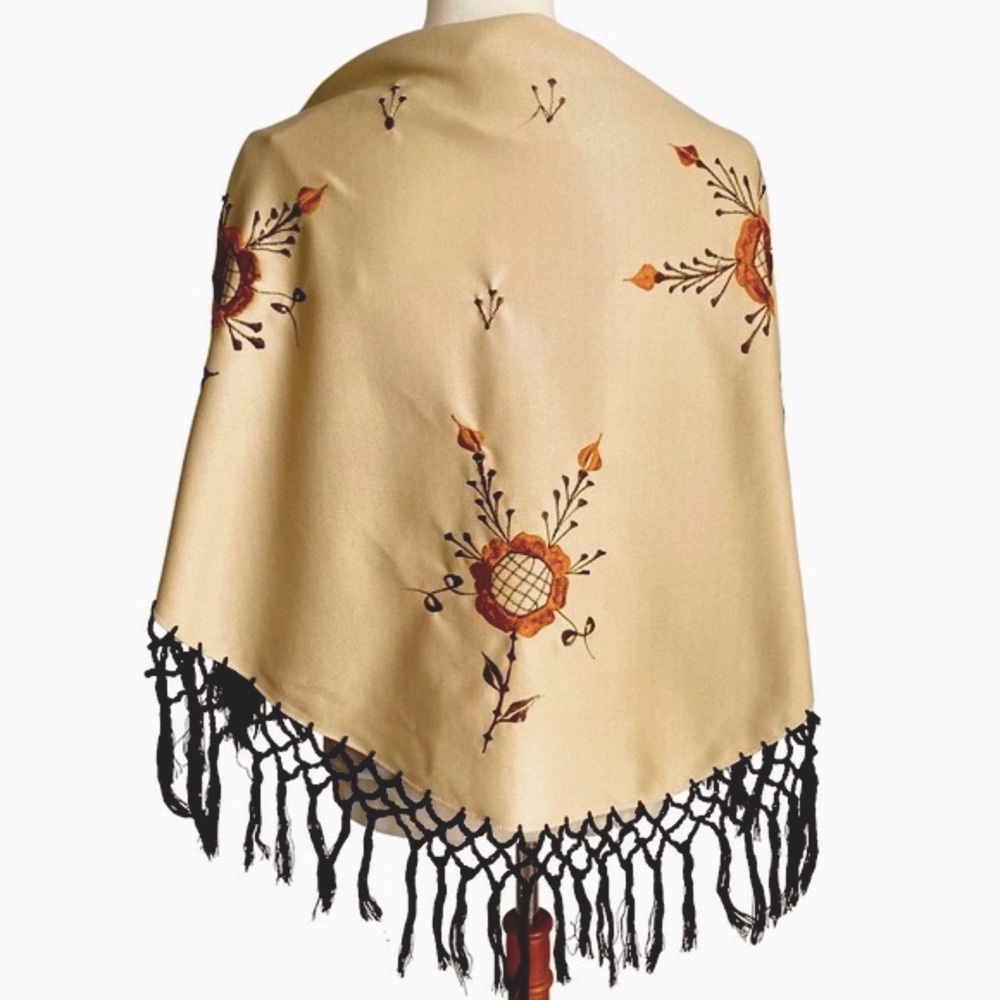 Embroidered Shawl Vintage 70s Boho Floral Tan and Brown